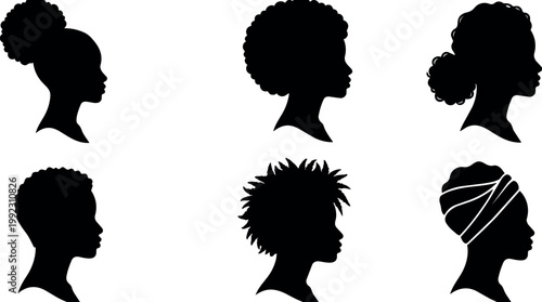 Silhouettes of six black women with diverse natural hairstyles side profile vector art