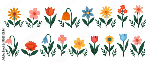 Set of field and garden flowers with twigs on a white background. Set of icons with abstract, summer-spring flowers. Flat, cute flowers, design elements. Vector EPS 10.