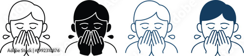 Vector illustration icon set of four people coughing and covering their mouths with hands, different colors and styles, isolated composition, health safety and hygiene concept