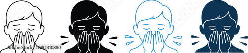 Vector illustration icon set of four people coughing and covering their mouths with hands, different colors and styles, isolated composition, health safety and hygiene concept