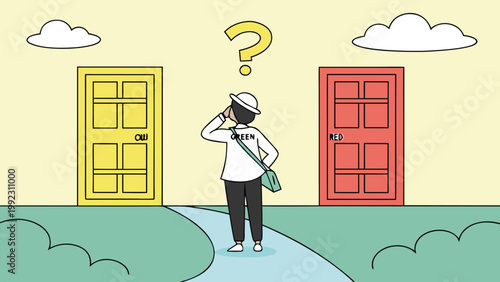 Vector illustration of a person choosing between two colored doors with decision character question
