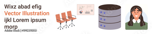 Business planning, data storage, office environment, teamwork, education, presentation tools. Three chairs, a graph chart a database and a persons portrait. Business planning and data storage