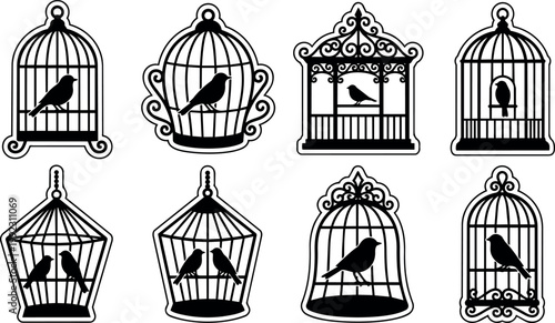 Black silhouette birds in decorative cages vector art set with varied shapes and ornamental bars