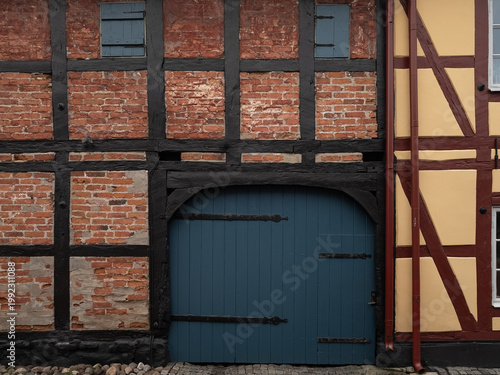 Close-up detail of half-timbered house facades in Ystad