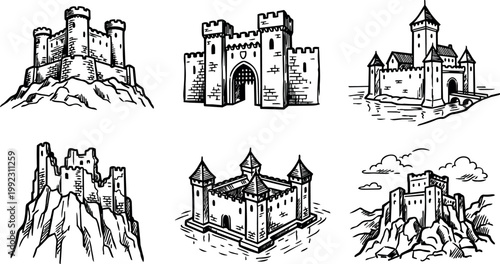 Black and white line art medieval castles on hills and water vector illustration