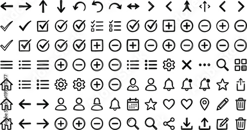User Interface Outline Icon Set Collection Featuring Navigation Arrows Checkmarks Search Settings Symbols Editable Vector UI Icons Pack