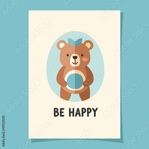A cute brown teddy bear with a blue bow on its head holding a ball.