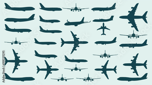 Seamless pattern of various airplane silhouettes for aviation and travel design