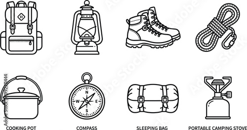 Camping Equipment Outline Icon Set Collection Featuring Backpack Lantern Boots Rope Compass Stove Sleeping Bag Editable Vector Outdoor Icons Pack
