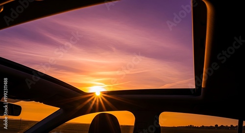 Open sunroof reveals brilliant sunburst during vibrant sunset sky view