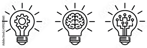 Conceptual icons set representing ideas innovation and technological progress within light bulbs featuring modern creativity symbols