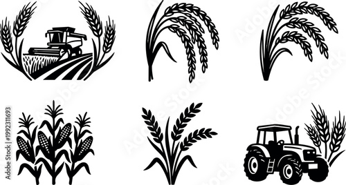 Black and white line art farming icons with tractor wheat and corn