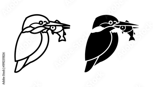 Kingfisher Bird Catching Fish Silhouette and Outline Vector