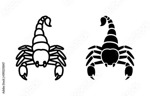 Scorpion black silhouette and outline vector icon set
