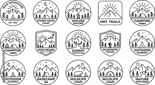 Outdoor Adventure Badge Logo Icon Set Collection Featuring Camping Mountain Wilderness Travel Emblem Editable Vector Nature Logo Pack