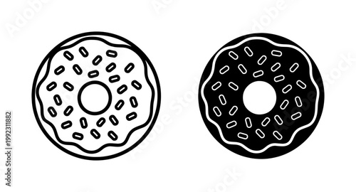 Glazed Donut Icon Set with Sprinkles in Black and White