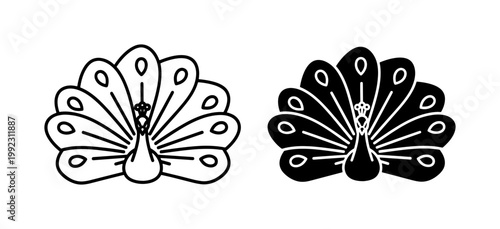 Peacock bird icon set with open tail feathers