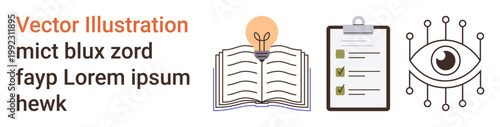 Education, creativity, innovation, research, analysis, data processing. Open book with text, lightbulb above clipboard with checkmarks and an eye symbol circuitry. Education and creativity