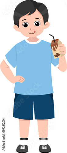 Cute Little Boy Drinking Chocolate Milk, Kids Favorite Sweet Beverage Cartoon Character