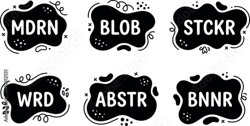Black and white modern blob shapes with short text abbreviations vector art