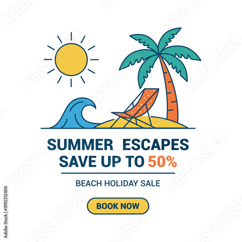 Summer beach holiday sale banner with tropical palm tree and ocean wave flat vector illustration.