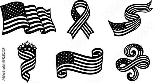 Black and white american flag ribbons and waves vector art collection