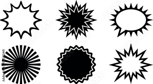 Black and white spiked starburst shapes set vector art collection