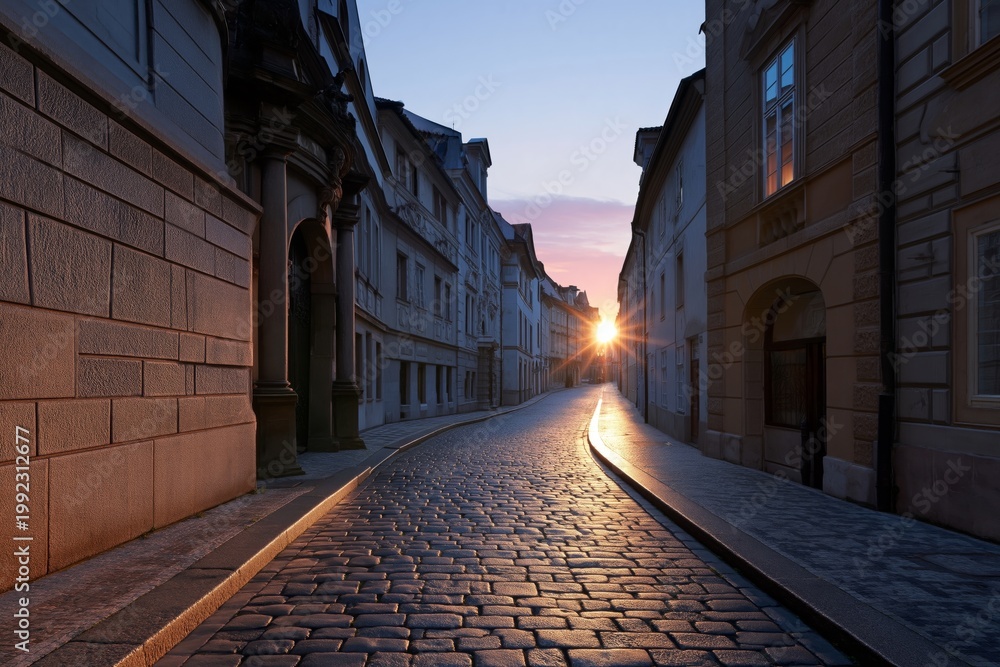 Fototapeta premium Sunset Light Shines Down Cobblestone Street in Quiet City