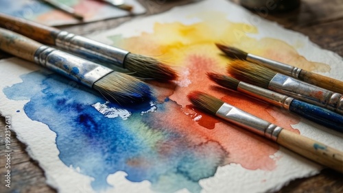 Close-up of Watercolor Paintbrushes on Colorful Abstract Painted Paper