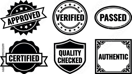 Black and white verified approved passed certified authentic quality checked stamp icons vector art