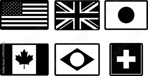 Six national flags including usa uk japan canada brazil switzerland