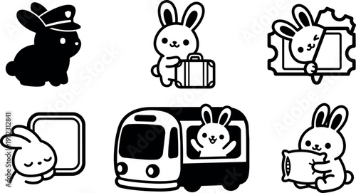 Black and white cute rabbit character with travel suitcase train ticket and conductor hat