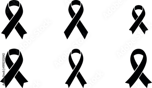 Black ribbon awareness icons set six flat design vector art