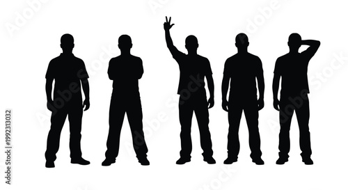 Five men in silhouette standing together while one person raises his hand in a victory sign pose