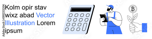 Financial planning, cryptocurrency concepts, modern business, fintech, innovation, sustainability. A calculator, a worker with a tablet and a hand holding a Bitcoin leaf symbol. Financial planning