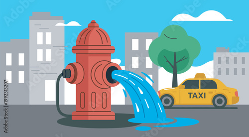 Cartoon tourist city street vector illustration, cars fire hydrant icon design, urban travel navigation concept, modern clean colorful style