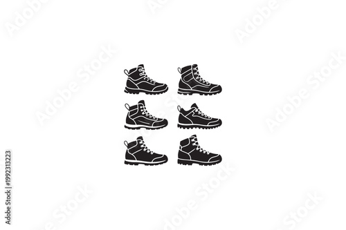 Hiking Boots various style vector silhouettes black color image. 