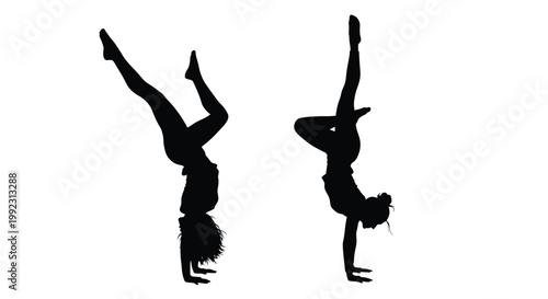 Two acrobatic dancers perform handstands in silhouette against a white background, showcasing their flexibility and strength.