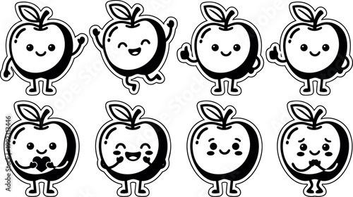 Black and white kawaii apple characters with happy and sad emotions vector art