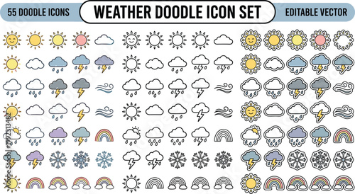 Weather Doodle Icon Set Collection Featuring Sun Cloud Rain Snow Lightning Rainbow Forecast Climate Seasonal Editable Vector Icons Pack