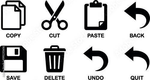Black and white flat design icons for copy cut paste back save delete undo quit commands