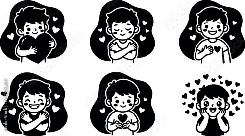 Black and white cartoon boy characters showing love gestures with hearts vector art