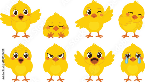 Cute Chick Emoji Grid Line Art  Kawaii Bird Emotion Expression Set