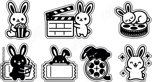 Black and white bunny characters with popcorn film reel and clapperboard vector art