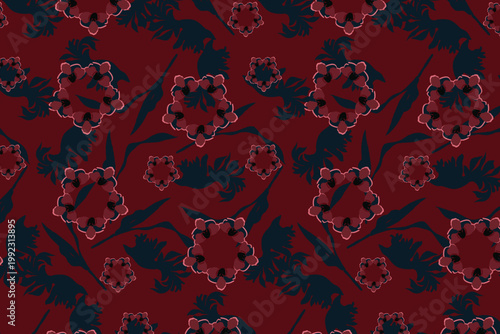 Elegant black and blush floral seamless pattern combining bold contrast and delicate pastels, perfect for wedding stationery, fashion textiles, luxury packaging, and sophisticated wallpaper designs.