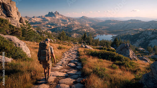 A solo traveler hiking along a remote mountain trail with expansive views of valleys and peaks