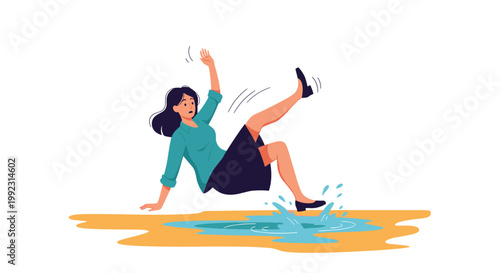 Illustration of a business woman slipping and falling on a wet puddle in a common workplace hazard and accident scenario.