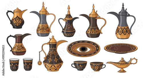 Exquisite collection of traditional Arabic coffee service items including ornate metal pots, decorated cups, and a magic lamp.
