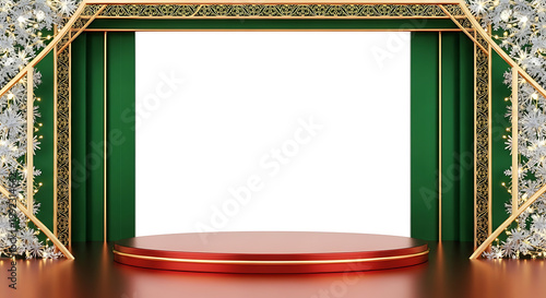 3d podium with green curtains and christmas decorations