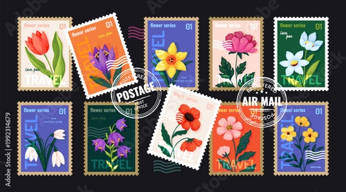 Set of colorful travel postage stamps with hand-drawn botanical flowers in flat illustration style. Tulip, daffodil, poppy on vibrant backgrounds. Perfect for postal design and scrapbooking.